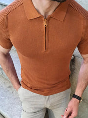 Textured knit polo shirt in caramel with zip neck and short sleeves.