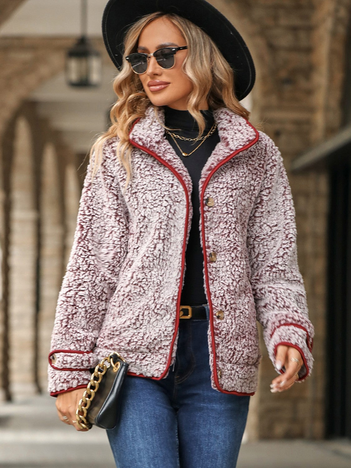 Sherpa jacket with crimson piping in burgundy and white, button front, collared, casual outerwear.