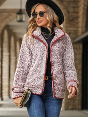 Sherpa jacket with crimson piping in burgundy and white, button front, collared, casual outerwear.