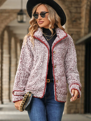 Sherpa jacket with crimson piping in burgundy and white, button front, collared, casual outerwear.
