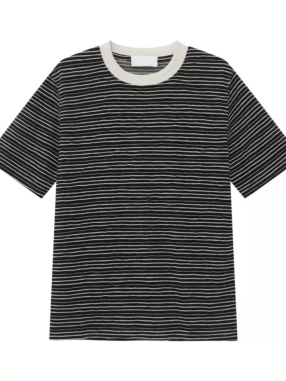 Black and white striped cotton crew neck t-shirt with a white label.