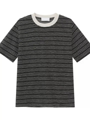 Black and white striped cotton crew neck t-shirt with a white label.