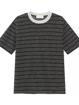 Black and white striped cotton crew neck t-shirt with a white label.