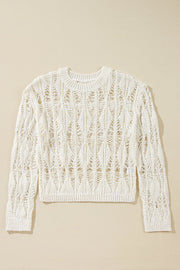 Ivory open-knit crochet sweater with diamond pattern and crew neck.