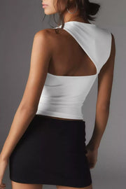 White asymmetrical one-shoulder cropped tank top with a cutout detail on the back.