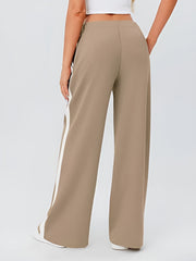 Camel palazzo trousers with white side stripe detail and wide leg
