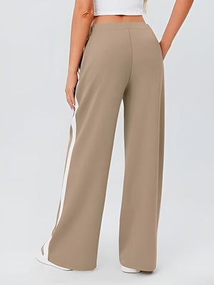 Camel palazzo trousers with white side stripe detail and wide leg