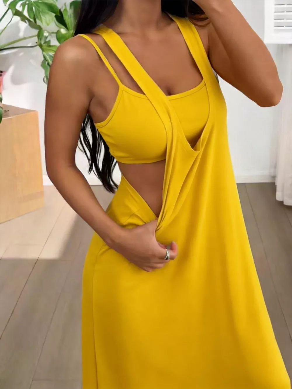Yellow scoop neck cami and maxi dress duo with double straps