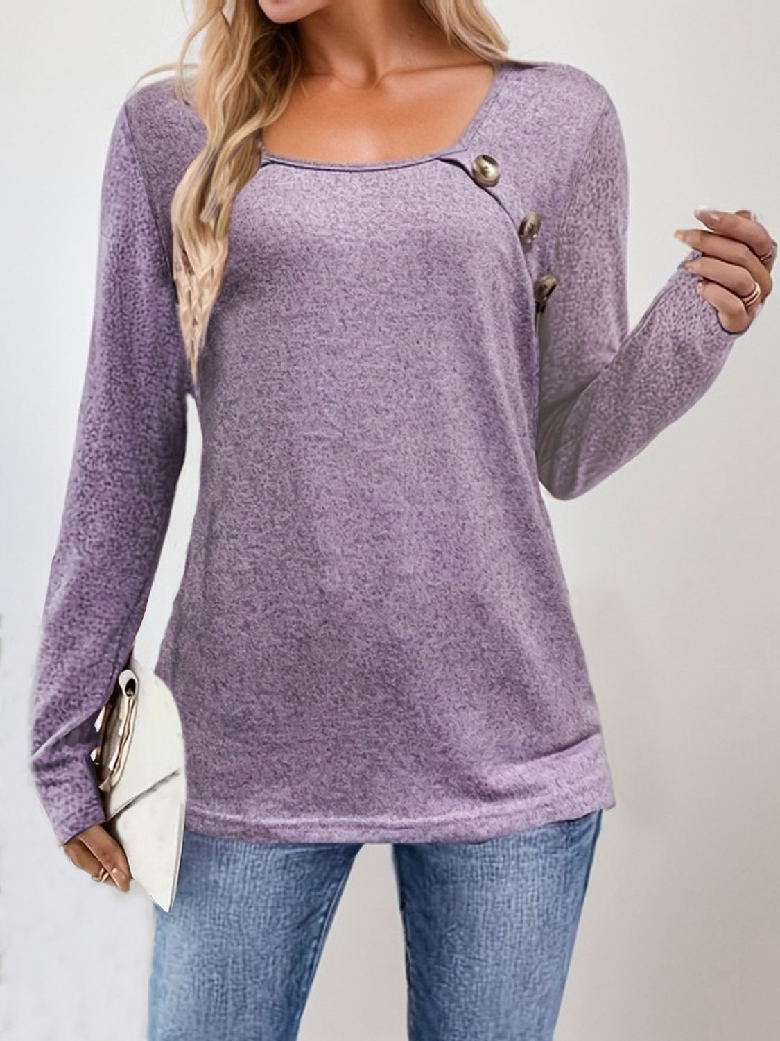 Lavender slub knit square neck top with button detail and long sleeves.