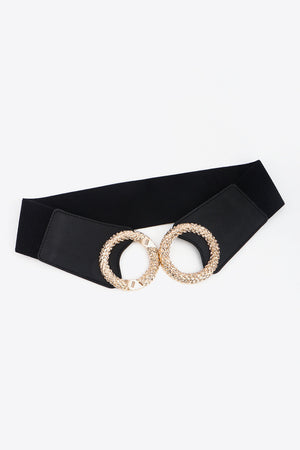 Black elasticated belt with textured gold ring buckle detail