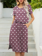 Moonlit Mauve polka dot midi dress with drawstring waist and pockets.