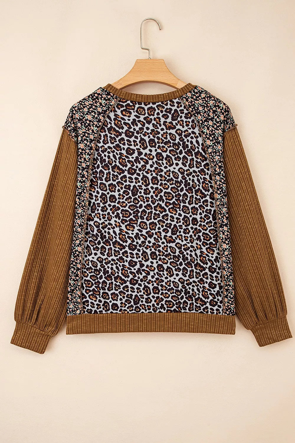 Leopard Floral Print Ribbed Puff Sleeve Sweatshirt in Brown, fabric detail