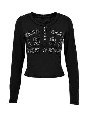 Black long sleeve t-shirt with button detail and distressed letter graphic.
