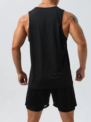 Black performance tank top with graphic inscription on back, athletic fit.