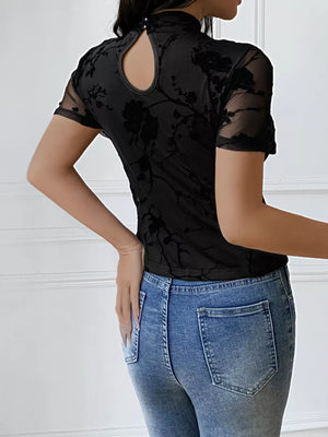 Black sheer burnout floral maternity t-shirt with mandarin collar and keyhole cutout back.