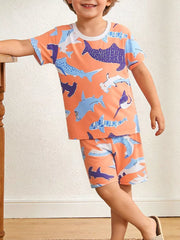 Boys' orange shark print t-shirt and shorts set with white trim