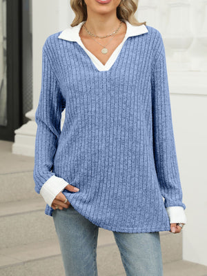 Ribbed knit long sleeve t-shirt in Peacock Blue with white collar and cuffs, V-neck.