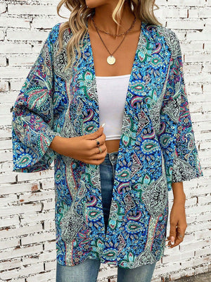 Teal paisley print kimono sleeve duster with open front and wide sleeves.