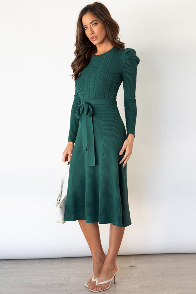 Deep Teal cable knit midi dress with puff sleeves and self-tie belt.