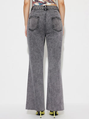 Dark gray acid wash flare jeans with a high-rise fit and raw hem.
