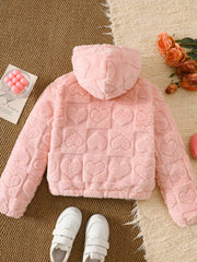 Dusty pink fuzzy heart pattern hooded jacket with textured hearts.