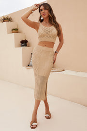 Tan textured knit crop top and midi skirt set with diamond pattern and side slit
