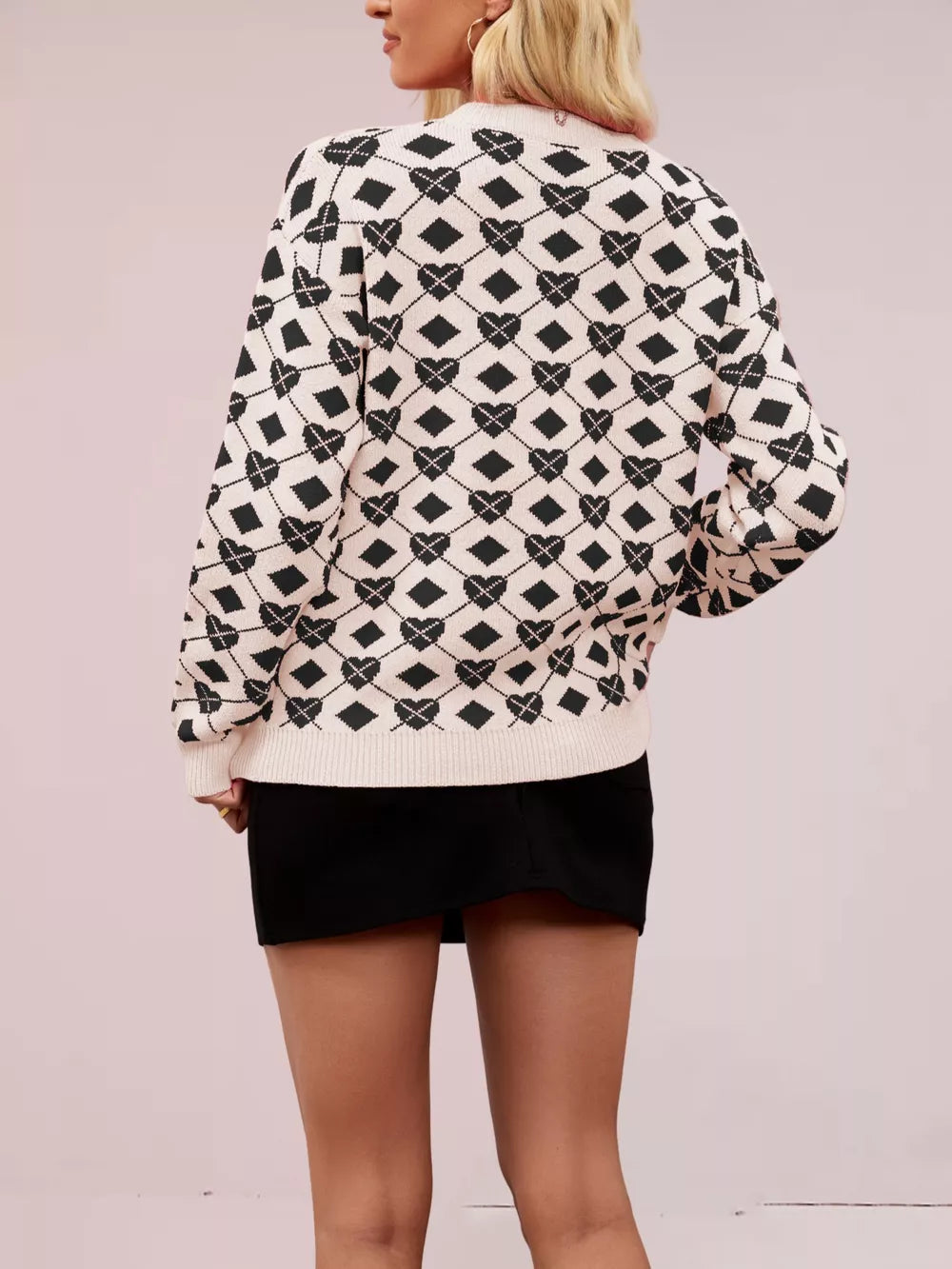 Heart & Diamond Argyle Knit Sweater in cream with black pattern.