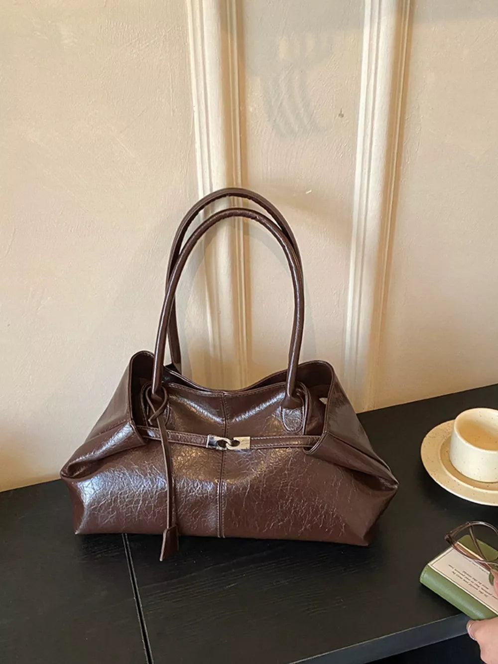 Pu Leather Shoulder Bag in Brown, front view