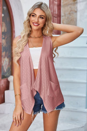 Blush pink eyelet drape front vest with pockets and open sides.