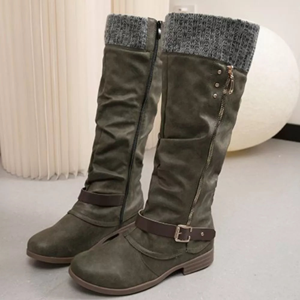 Matcha green suede slouch knee-high boots with knit detail and buckle strap.