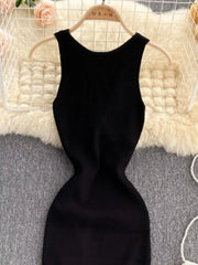 Black ribbed knit bodycon midi dress with a scoop neckline and sleeveless design.