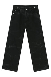 Faded black wide-leg denim jeans with a washed effect and relaxed fit.