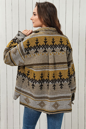 GeoChic collar jacket in camel with geometric pattern and pockets, styled casually.