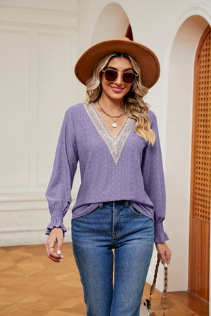 Lavender eyelet blouse with lace trim V-neck and ruffle cuffs
