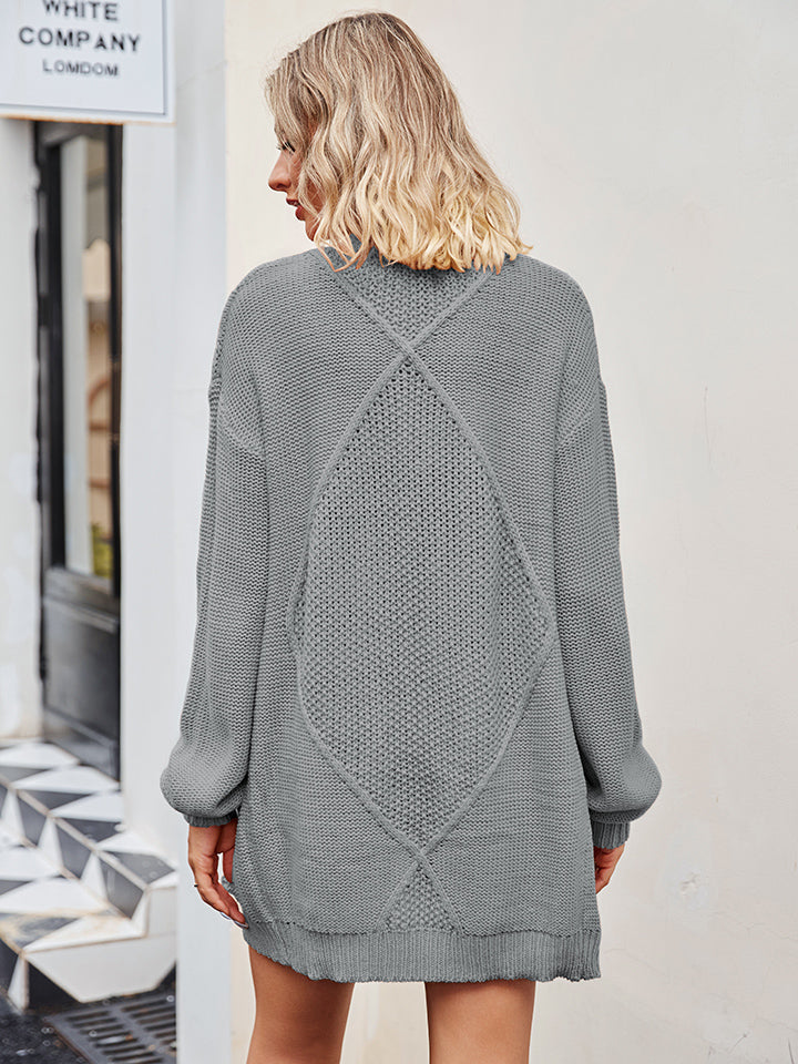 Longline cable knit cardigan in Heather Gray with diamond pattern detail on back.