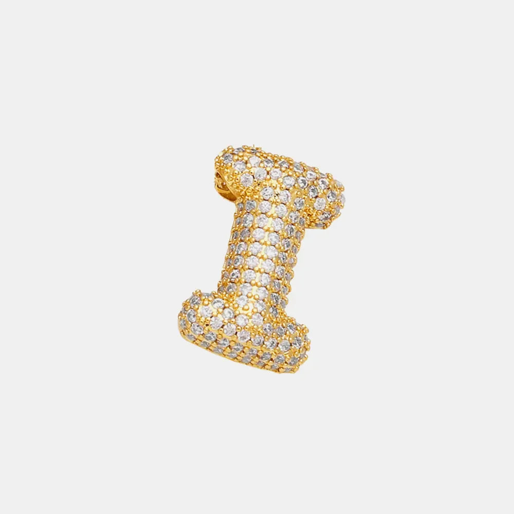 Puffed pave initial pendant necklace in gold with clear stones, letter I