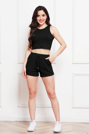 Black ribbed tank top and drawstring shorts set with a casual fit.