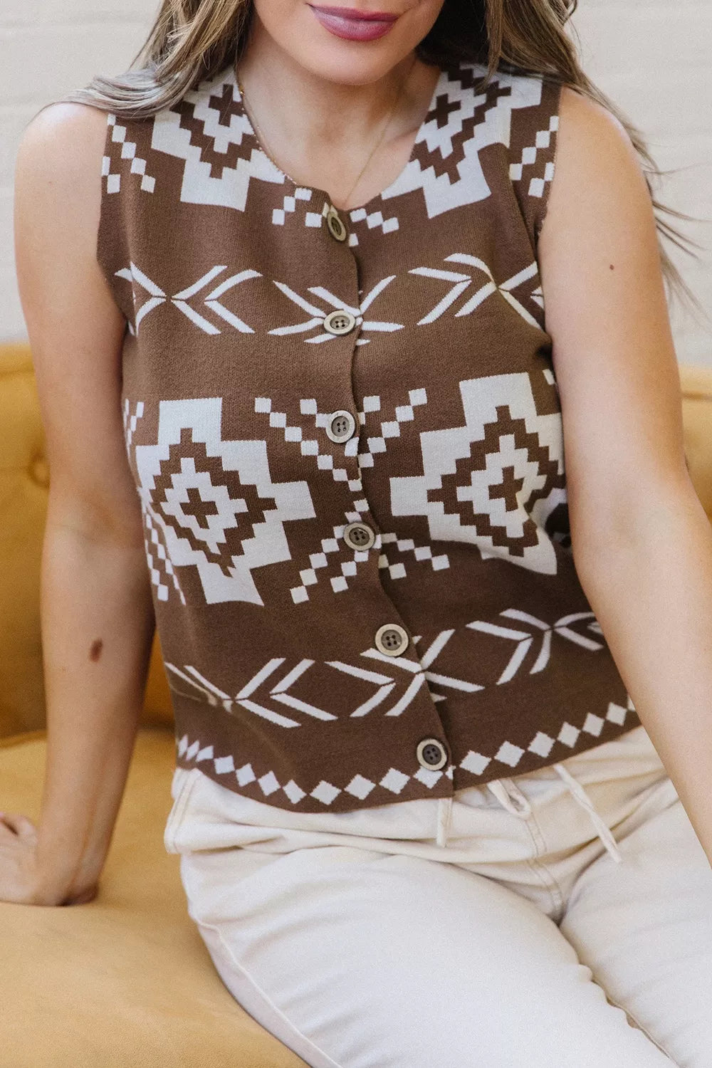 Western Geometric Sleeveless Knit Sweater Vest, front view