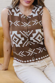 Western Geometric Sleeveless Knit Sweater Vest, front view