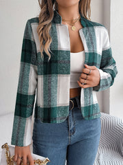 Collarless plaid cropped jacket in dark green with white and grey accents.