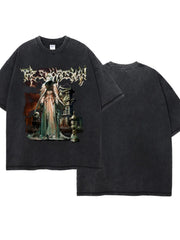 Vintage wash black graphic tee with a hooded figure and gothic text print.