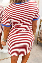 Red and white striped cotton mini dress with blue trim neckline and sleeves.