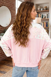 Twisted Ribbed Trim Floral Print Sweatshirt in Blush Pink, back view