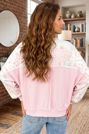 Twisted Ribbed Trim Floral Print Sweatshirt in Blush Pink, back view