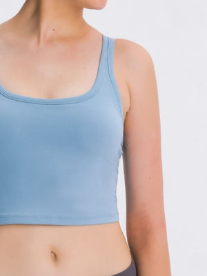 Light blue racerback crop tank with scoop neck and seamless hem