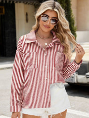 Striped oversized shirt in scarlet with button front and chest pockets.