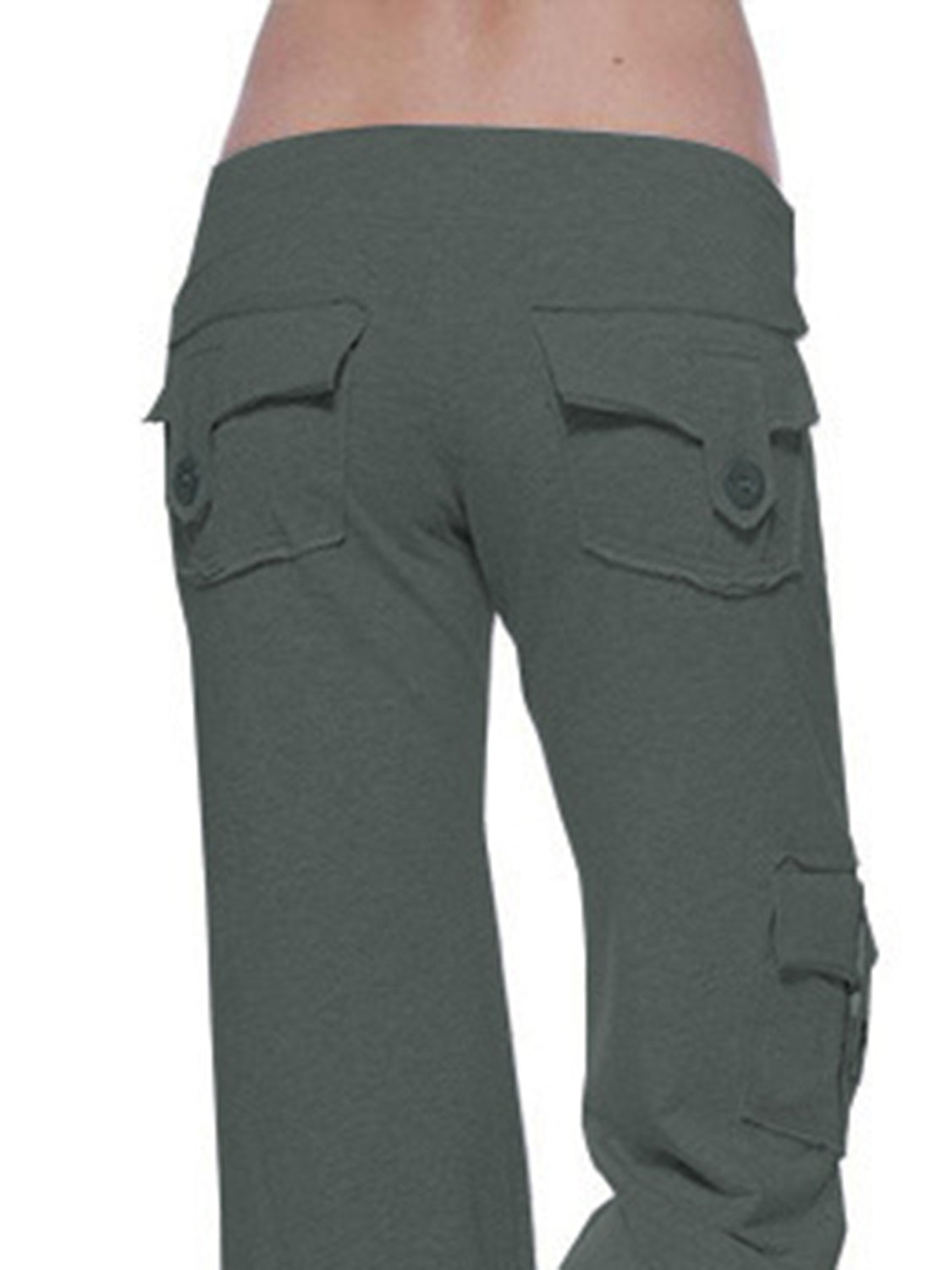 Cargo-inspired wide-leg drawstring trousers in heather gray with button flap back pockets.