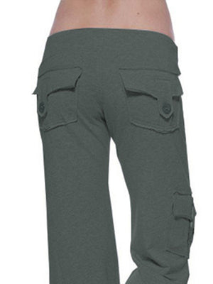 Cargo-inspired wide-leg drawstring trousers in heather gray with button flap back pockets.