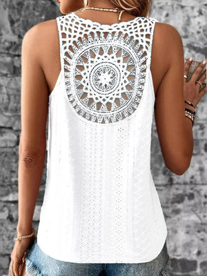 White eyelet lace tank top with intricate crochet back detail and V-neck.
