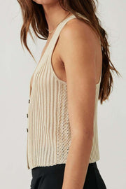 Beige ribbed knit button-down vest with a V-neck and crochet side detail.